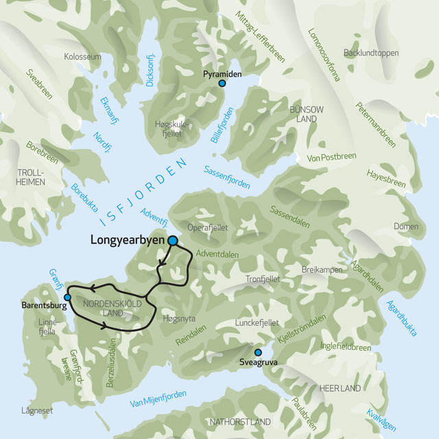 Kaart van Spitsbergen met de route van Longyearbyen naar Barentsburg en omliggende gebieden.