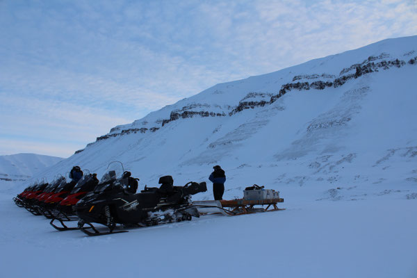 Rijtuigen met sneeuwscooters staan opgesteld in de sneeuw voor een bergachtig landschap onder een lichte lucht.