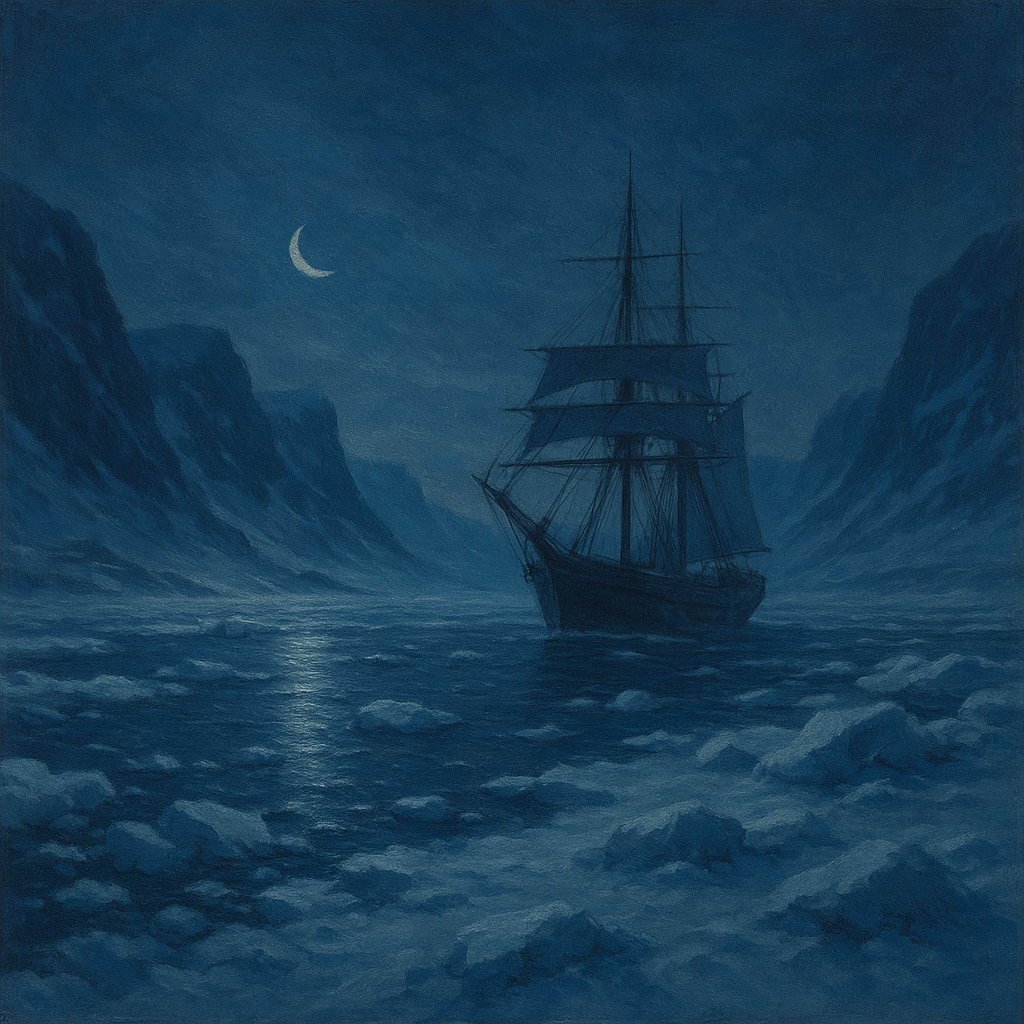 Een zeilschip vaart door ijzige wateren onder een maanlichte hemel, omringd door steile bergwanden en ijsbergen.