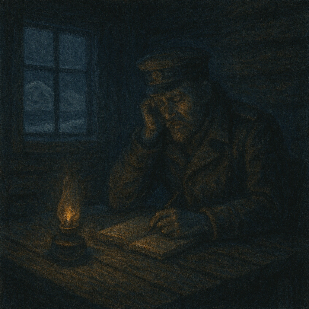 Een man in een donker uniform zit aan een houten tafel, met een open boek voor zich, terwijl hij nadenkend naar een olielamp kijkt. Buiten is het donker en via een raam is een bergachtig landschap zichtbaar.